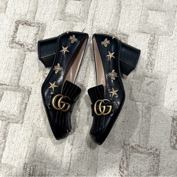 NIB Authentic Gucci Leather Quentin Loafers Embroidered Bee and Star Black 35.5 - Picture 5 of 8